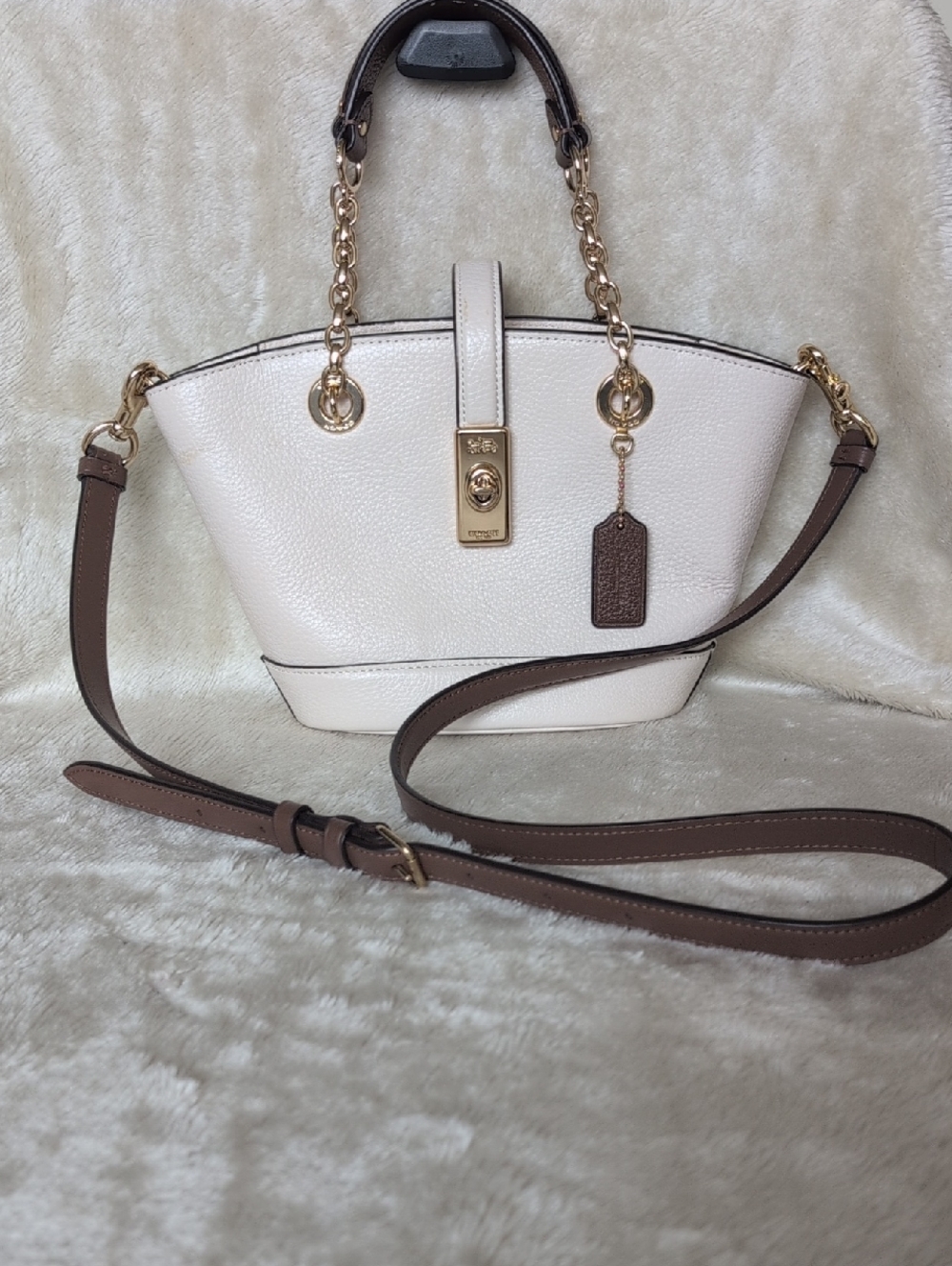 Coach Pebbled Leather Dome Satchel in Chalk with Brown Trim and Gold Hardware